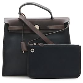 Hermès-Sac 2 en 1 Hermes Herbag Zip Toile Officier-Noir,Marron foncé