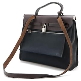 Hermès-Sac 2 en 1 Hermes Herbag Zip Toile Officier-Noir,Marron foncé