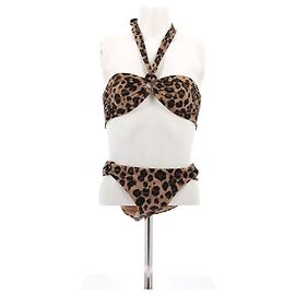 Autre Marque Costume da bagno a due pezzi e pareo con motivo leopardato Marrone