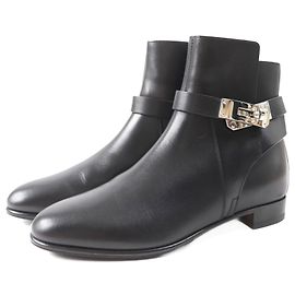 Hermès HERMES Kelly Buckle Leather Short Boots Black Black