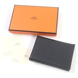 Hermès-HERMES Calvi Duo Étui à pièces en chèvre noir-Noir