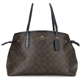 COACH F57842 Leather PVC Tote Bag Black Dark brown