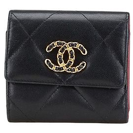 Chanel 19 Kleine Klappgeldbörse aus Lammleder Schwarz Pink