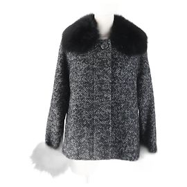 & Other Stories Wool Mohair Herringbone Tweed Jacket with Fox Fur Black