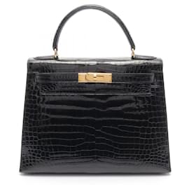 Hermès-Sac à main Hermes Kelly 28 Porosus Lisse-Noir