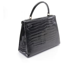 Hermès-Sac à main Hermes Kelly 28 Porosus Lisse-Noir