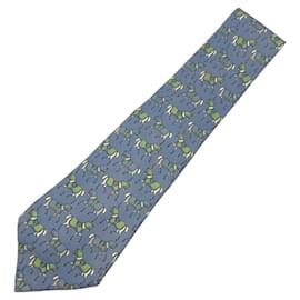Hermès-Cravate en soie à motif de cheval Hermes 604 SA-Bleu