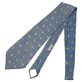 Hermès-Cravate en soie à motif de cheval Hermes 604 SA-Bleu