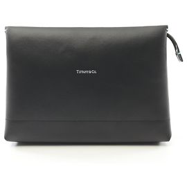 Tiffany & Co. Large Black Leather Pouch Clutch Black