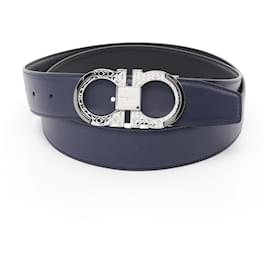 Salvatore Ferragamo-Salvatore Ferragamo Navy Leather Gancini Belt-Navy blue