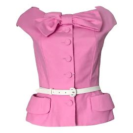Giacca Christian Dior in cotone rosa con fiocco e cintura in pelle bianca Rosa