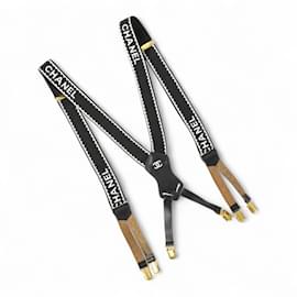 Chanel-Chanel Vintage Canvas Leather Coco Mark Suspenders-Black