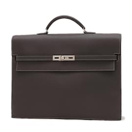 Hermès-Sac à main Hermes Kelly Depeche 38-Gris anthracite,Damier ebène