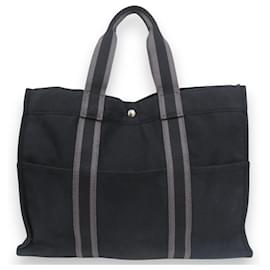 Hermès-Sac fourre-tout en toile de coton GM Hermes Foultou-Marron,Noir