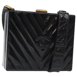 CHANEL V Stitch COCO Marchio Borsa a Spalla Pelle Lucida Nera Oro CC Auth 126704 Nero D'oro