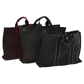 Hermès-HERMES Sac Tote Toile 3Set Gris Noir Rouge Auth ti3156-Marron,Noir,Rouge