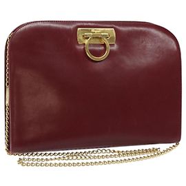 Bolsa de ombro de couro Gancini Chain da Salvatore Ferragamo Vermelha Dourada Auth BA3037 Vermelho Dourado