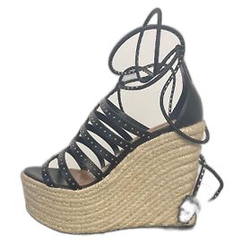 Alaïa Wedge Sandals Black Leather Silver Studs Black