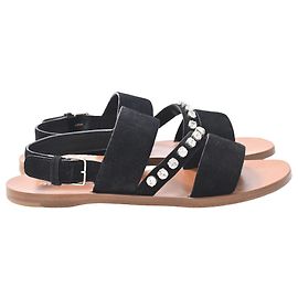Miu Miu Crystal-Embellished Slingback Flat Sandals in Black Suede Black