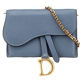 Dior Leather Saddle Chain Shoulder Card Holder Blue Light blue
