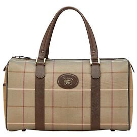Burberry Check Canvas Leder Boston Tasche Reisetasche Grün Khaki