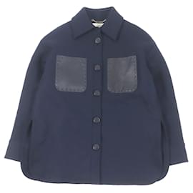 Fendi-Veste en laine et cuir avec logo et boutons Fendi bleu marine-Bleu