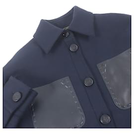 Fendi-Veste en laine et cuir avec logo et boutons Fendi bleu marine-Bleu