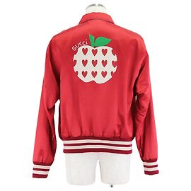 Giacca souvenir in satin Gucci con ricamo di mela Rosso