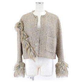 Giacca Chanel senza collo in tweed e ecopelliccia glitterata D'oro