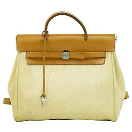 Hermès HERMES Herbag A Dos PM Leinen Leder 2 Wege Rucksack Handtasche beige silber Beige