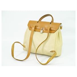 Hermès-HERMES Herbag A Dos PM toile cuir 2 voies sac à dos sac à main beige argent-Beige