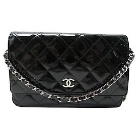SAC A MAIN CHANEL POCHETTE WALLET ON CHAIN CUIR VERNIS NOIR WOC HAND BAG Noir