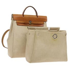 Hermès HERMES Herbag A Dos PM Rucksack aus Canvas Leder Beige Silber Authentisch 126543 Silber Beige