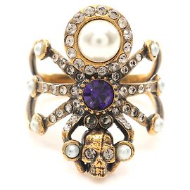Anello Ragno Alexander McQueen con Perla Finta e Strass D'oro Metallico