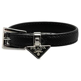 Bracelet en cuir avec plaque logo triangle Prada Noir
