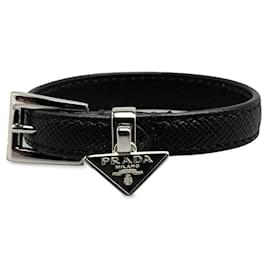 Pulseira de couro com placa de logo triangular Prada Preto