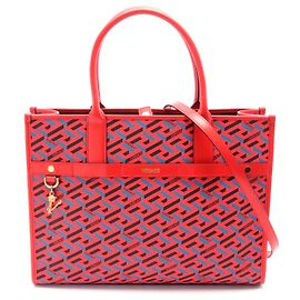 Versace La Greca Tote Bag PVC Coated Canvas Leather Red