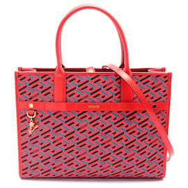 Versace La Greca Tote Bag aus PVC-beschichtetem Canvas und Leder Rot