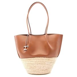 Tod's-Tod's Leather Raffia Timeless Tote Bag-Brown