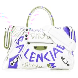 Balenciaga-Balenciaga White Small Lambskin Motocross Graffiti All Over Classic City Satchel-White