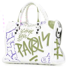 Balenciaga-Balenciaga White Small Lambskin Motocross Graffiti All Over Classic City Satchel-White