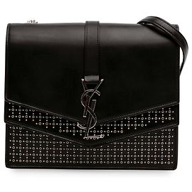 Crossbody Sulpice em couro de bezerro preto com studs médios Monogram Saint Laurent Preto
