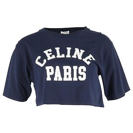 Céline T-shirt cropped in cotone blu navy con stampa logo Celine Blu Blu navy
