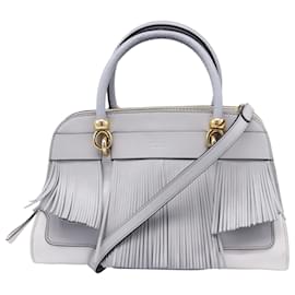 Tod's-Tod's Sella Fringe-Trimmed Bag in Grey Leather-Grey