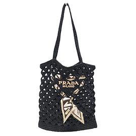 BORSA A MANO PRADA IN PAGLIA CON LOGO E FULARD IN SETA RAFFIA NERA Nero