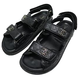 Chanel-CHANEL SHOES DAD SANDALS G35927 36.5 IN BLACK LEATHER BLACK FLAT SHOES-Black
