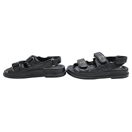 Chanel-CHANEL SHOES DAD SANDALS G35927 36.5 IN BLACK LEATHER BLACK FLAT SHOES-Black
