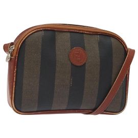 FENDI Pecan Canvas Shoulder Bag Brown Black Auth th6120 Brown Black