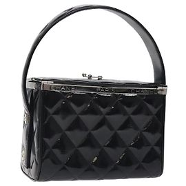 CHANEL Matelasse Hand Bag Enamel Black Silver CC Auth 126615 Black Silvery