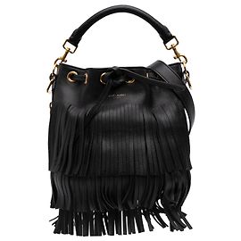 Saint Laurent Schwarze kleine Kalbsleder Emmanuelle Fransen Eimer Tasche Schwarz